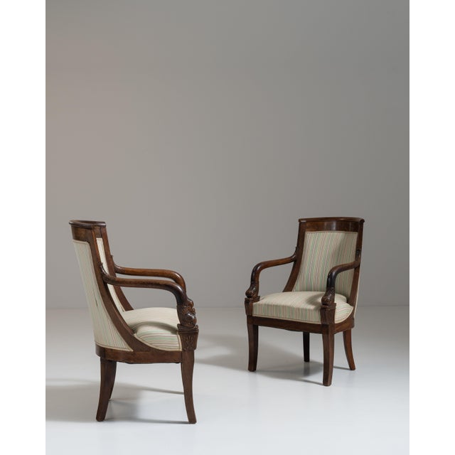 Pair of 19th Century French Chestnut Brown Empire Upholstered Armchairs For Sale - Image 4 of 15