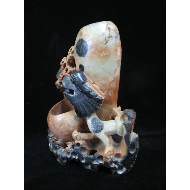 Burnt Umber Chinese Carved Soapstone Foo Dog Sculpture Double Brush Pot Inkwell Vase For Sale - Image 8 of 10