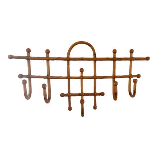 Vintage Midcentury Bamboo Rattan Bent Wood Coat Hat Rack 5 Hooks For Sale