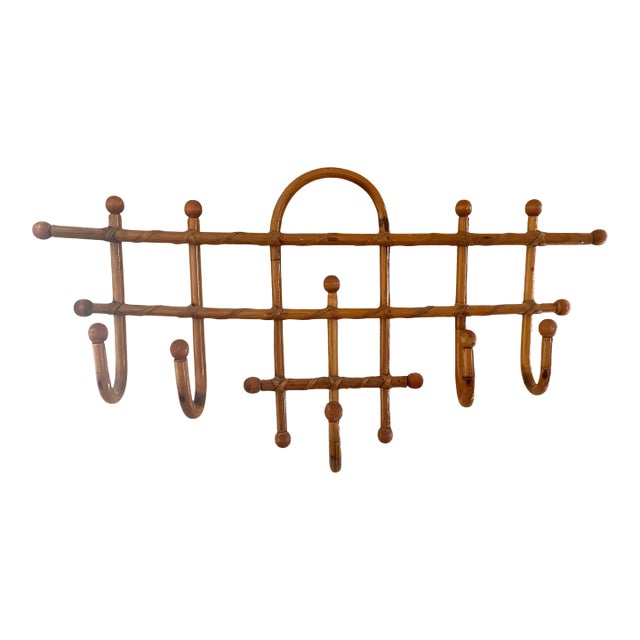 Vintage Midcentury Bamboo Rattan Bent Wood Coat Hat Rack 5 Hooks For Sale