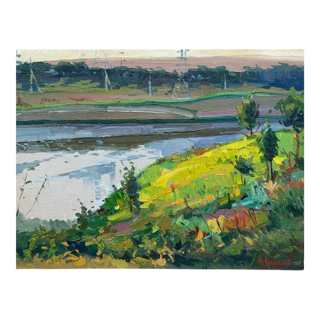 River Painting Landscape Antique Oil Painting Original Socialist Realism Soviet Art Ukrainian Artist Osenniy m.s. 55-72 1970s For Sale