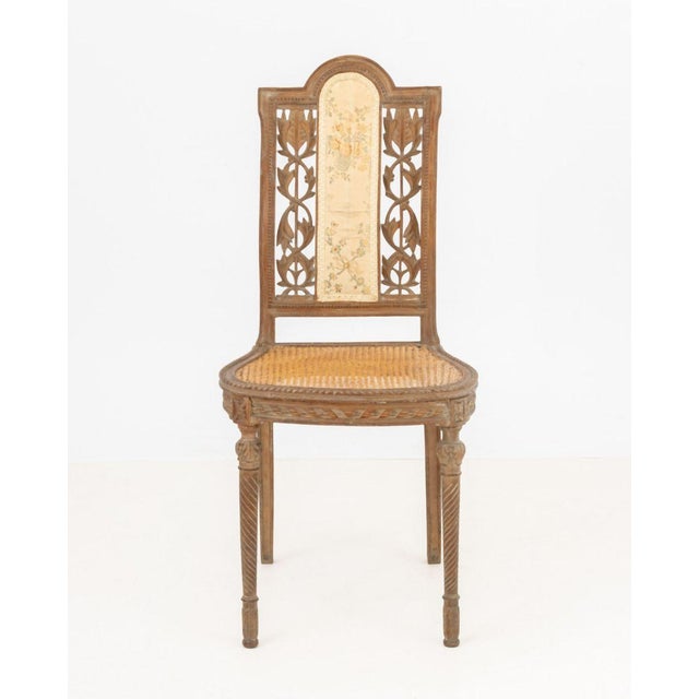 Louis XVI Style Silk Embroidery Panel Side Chair, circa 1900, with carved scrolling floral motif reticulated back and cane...