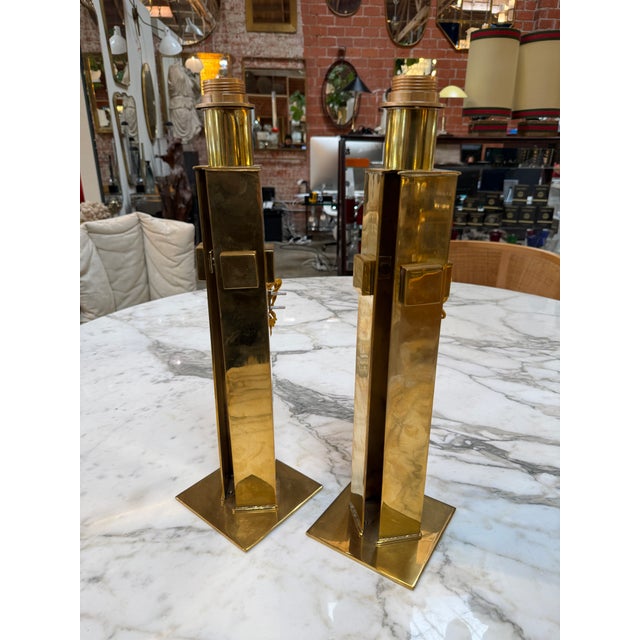 Metal 1970s Italian Modernist Brass Table Lamps - a Pair For Sale - Image 7 of 10