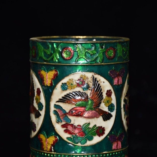 This is a beautiful and vibrant vintage Chinese enameled brush pot, crafted on an iron body with rich, colorful enamel...