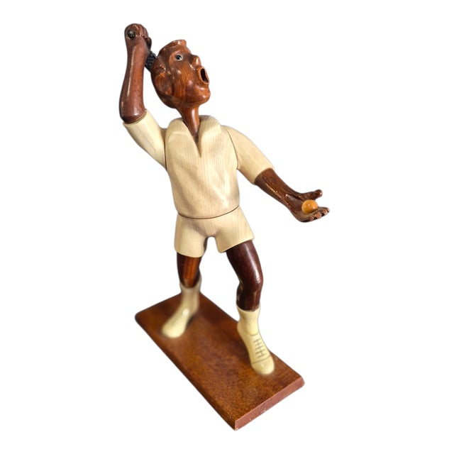Wood Vintage Desk Top Italian Wood Carving Sculpture Tennis Player 12'' High For Sale - Image 7 of 7