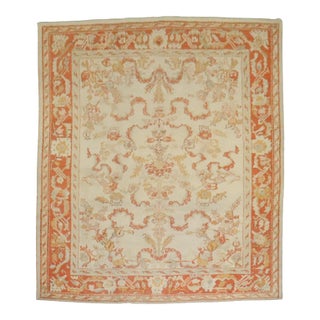 Antique Zabihi Collection Ivory Orange Turkish Oushak Room Size Carpet - 10'7" x 13'3" For Sale