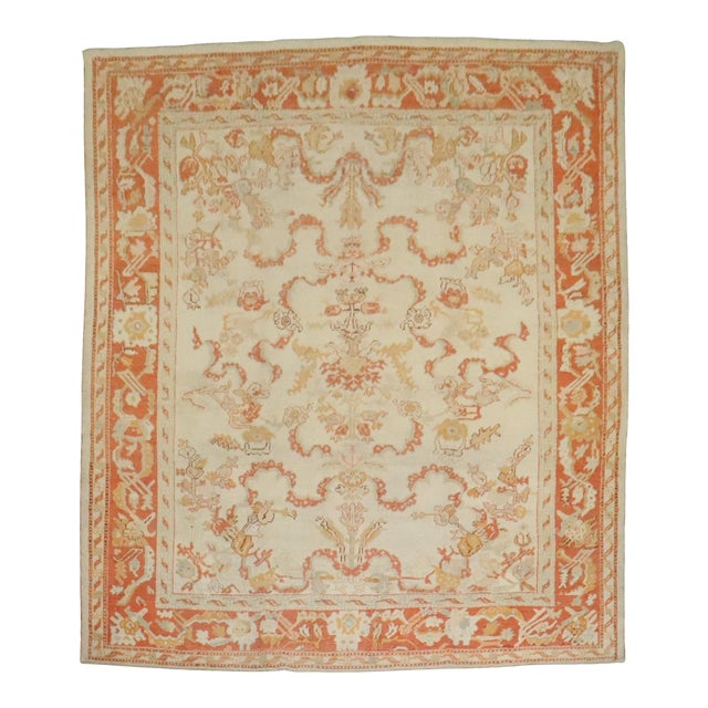 Antique Zabihi Collection Ivory Orange Turkish Oushak Room Size Carpet - 10'7" x 13'3" For Sale