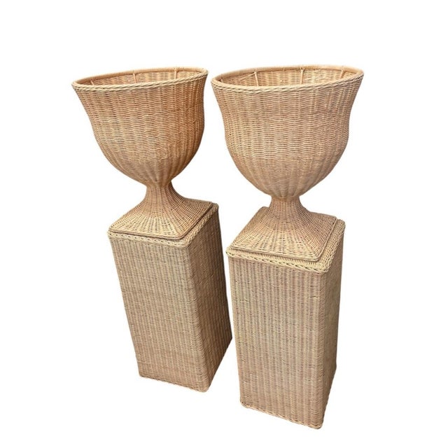 Boho Chic Pair of Vintage Natural Wicker Urn Planters With Pedestal Plinths For Sale - Image 3 of 12