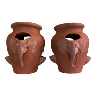 Vintage Terracotta Elephant Motif Strawberry Planter Pots, A Pair For Sale