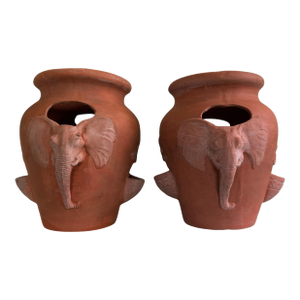 Vintage Terracotta Elephant Motif Strawberry Planter Pots, A Pair