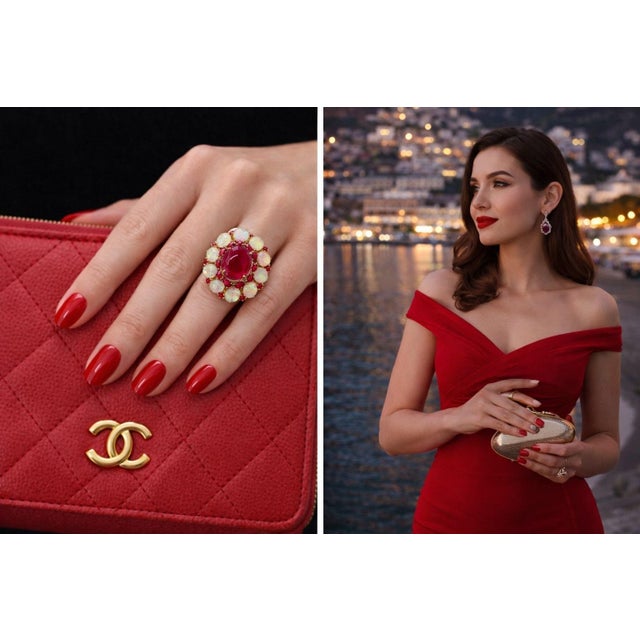 Bochic “Capri” Vintage Natural Ruby & Diamond Retro Ring Set In 18K Gold & Silve For Sale - Image 4 of 12