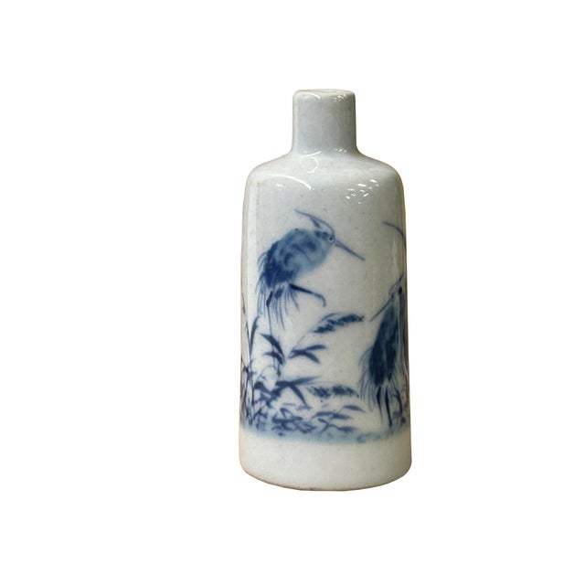 1990s Small Blue White Handpaint Birds Scenery Graphic Porcelain Vase For Sale - Image 5 of 8