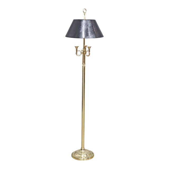 Late 20th Century 3 French Horns Bouillotte Brass Floor Lamp W Black Shade For Sale