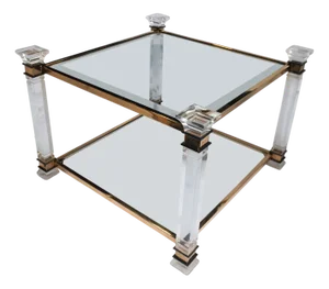 Hollywood Regency Square Acrylic Glass and Gilt Glazed Two Tier Cocktail Table, 1970s