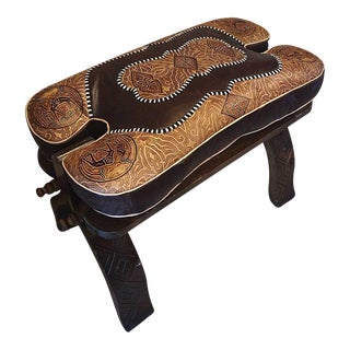Moroccan Camel Dark Brown and Tan Leather Cushion Wooden Base Stool For Sale