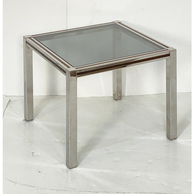 French Modern Square Low Side Table of Chrome and Brass With Smoked Glass Top For Sale - Image 4 of 9