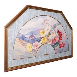 Vintage Projet d'Eventail Picture, French, Watercolour Fan Painting, Baptendier For Sale