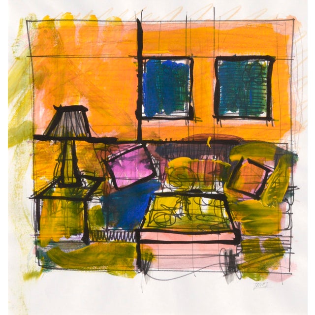 Cubism Cubist Living Room Interior Scene in Orange, Green & Blue by Michael William Eggleston For Sale - Image 3 of 8