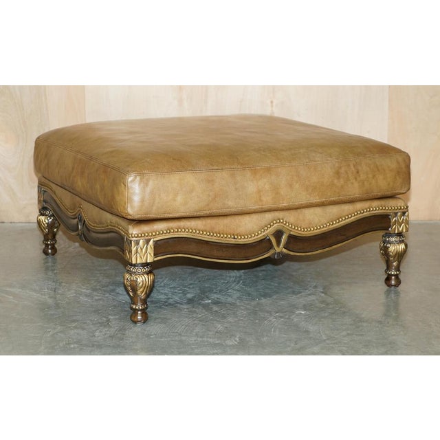 Set of Large Vintage Italian Brown Leather & Giltwood Throne Armchair & Footstool For Sale - Image 17 of 18