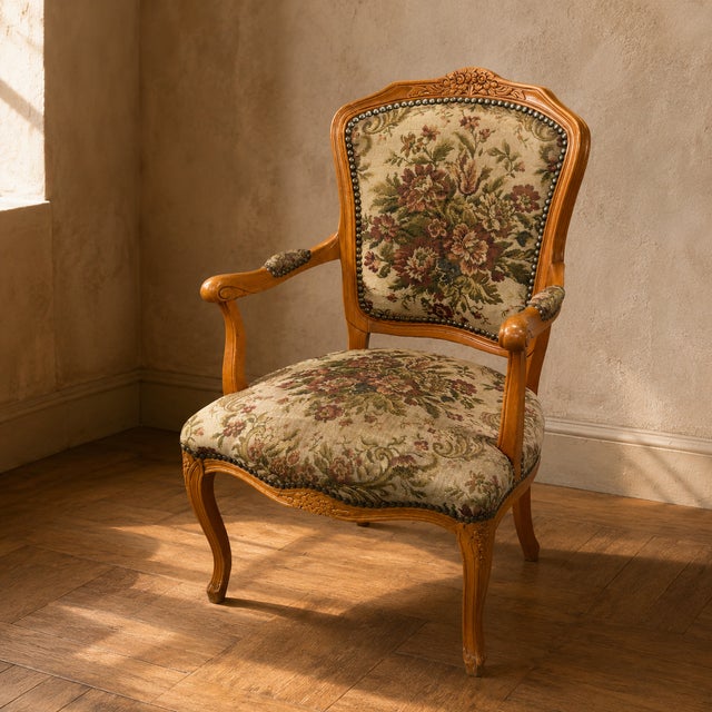 Louis XV Style Floral Tapestry Armchair with Carved Wood Frame, 1950s For Sale - Image 4 of 6