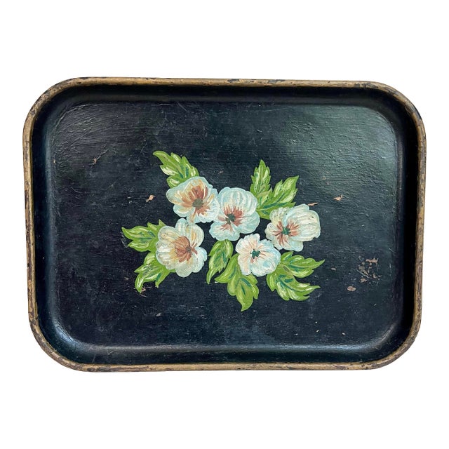 Hand-Painted Paper Mâché Tray With Blue Pansy For Sale