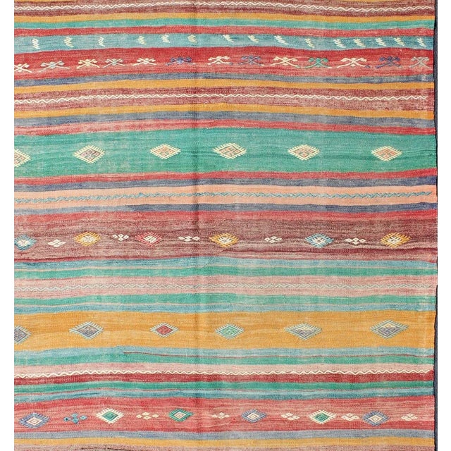 Mid 20th Century Bright and Colorful Flat-Weave Turkish Kilim Rug With Geometric Stripe Design For Sale - Image 4 of 12