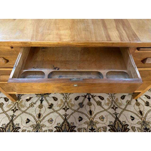 Vintage Solid Oak Pedestal Desk With Drawers For Sale - Image 9 of 11
