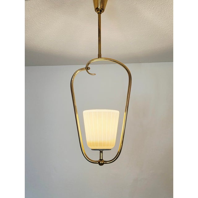 Mid-Century Scandinavian Brass Pendant Lamp with Glass Shade, 1950s For Sale - Image 4 of 18