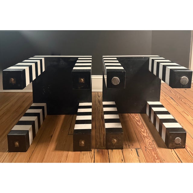 Stone Postmodern Black & White Stripe Tessellated Marble Accent Tables For Sale - Image 7 of 9