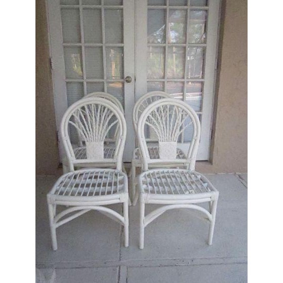 1970s Tropical Style Wicker Bamboo Dining Chair White With Cushion Set of 4 For Sale - Image 9 of 11