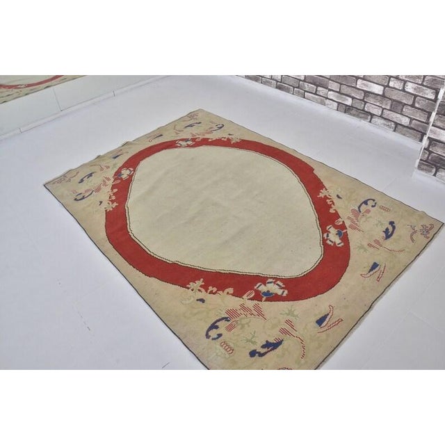 Vintage Turkish Oushak Area Rug With Bold Red Oval Medallion and Cream Field For Sale - Image 10 of 10