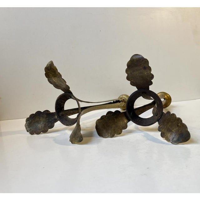 Metal Tall Art Nouveau Leaves Tri-Stand Candleholders in Engraved Brass, 1900s, Set of 2 For Sale - Image 7 of 9