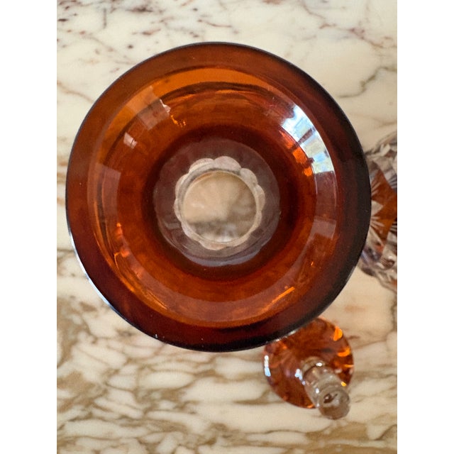 Val Saint-Lambert Pair Vintage Bohemian Czech Amber Cut to Clear Decanters For Sale - Image 4 of 12