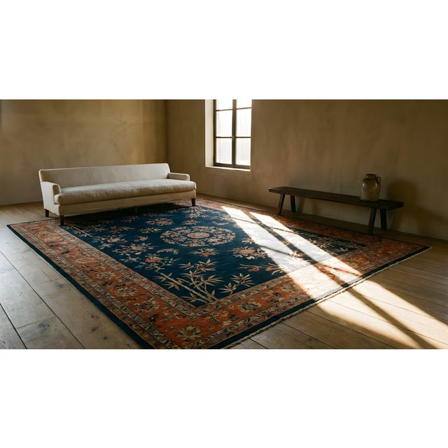 Beautiful Navy Blue and Rust Color Floral Minimalist Pattern Antique Chinese Art Deco Rug For Sale - Image 15 of 16
