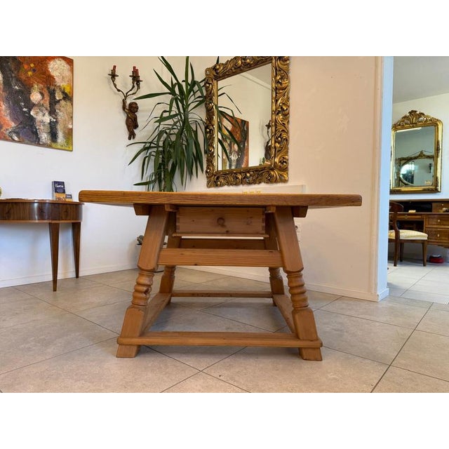 Heavy antique farmhouse dining table, dimensions (height x width x depth): 76 x 122 x 119 cm. For sale is a very solidly...
