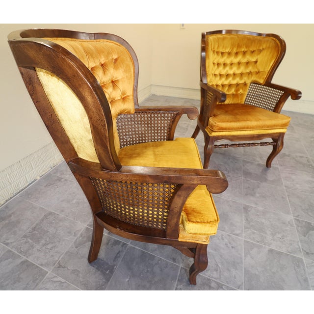 French Provincial Pair of Monumental 1970s Cane and Gold Velvet Horseshoe Wingback Chairs For Sale - Image 3 of 17