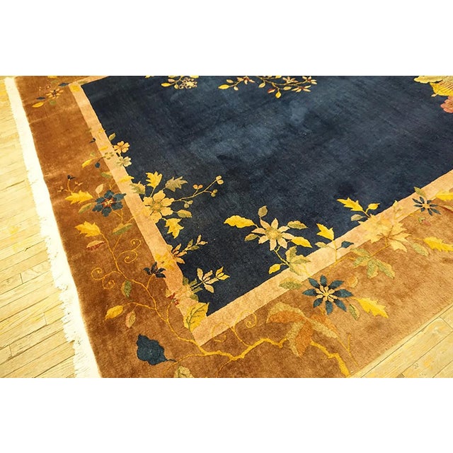 1920s Blue Navy Floral Modern Handknotted Antique Chinese Art Deco Rug 9' X 11'9" Wool Carpet For Sale - Image 4 of 9