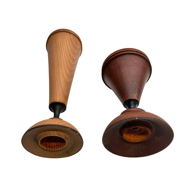 Pair of Vintage Rondeau Québec Sculptural Turned Wood Candle Holders For Sale - Image 4 of 5