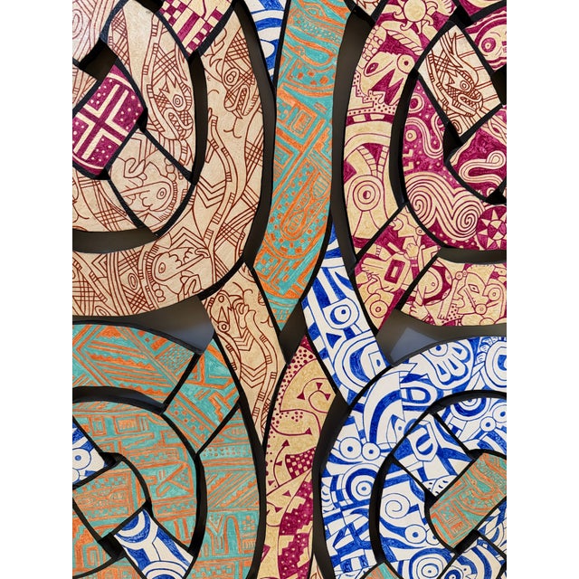 Original hand-carved and painted wood wall sculpture by Santa Fe artist Charles Greeley, signed and dated 1990. This...