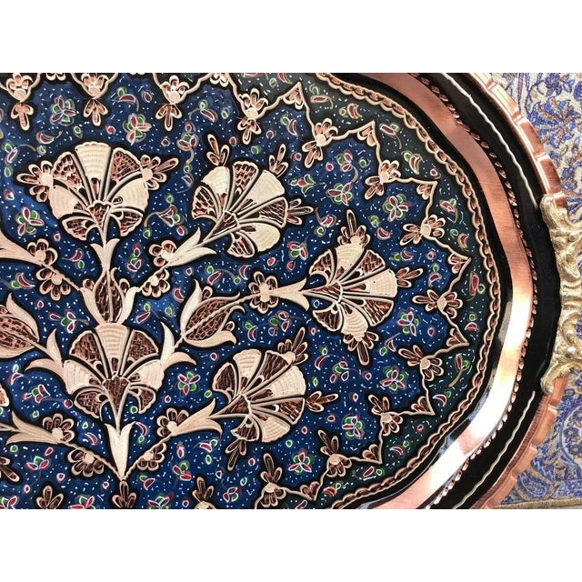Hand Carved Clove Copper Serving Tray with Handles For Sale - Image 9 of 11