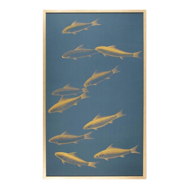 Gracie Metallic Gold Fish on Deep Blue Silk Paintings Diptych, Framed For Sale - Image 4 of 7
