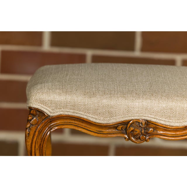 19th Century French Louis XV Style Walnut Footstool with Custom Linen Upholstery For Sale - Image 4 of 12