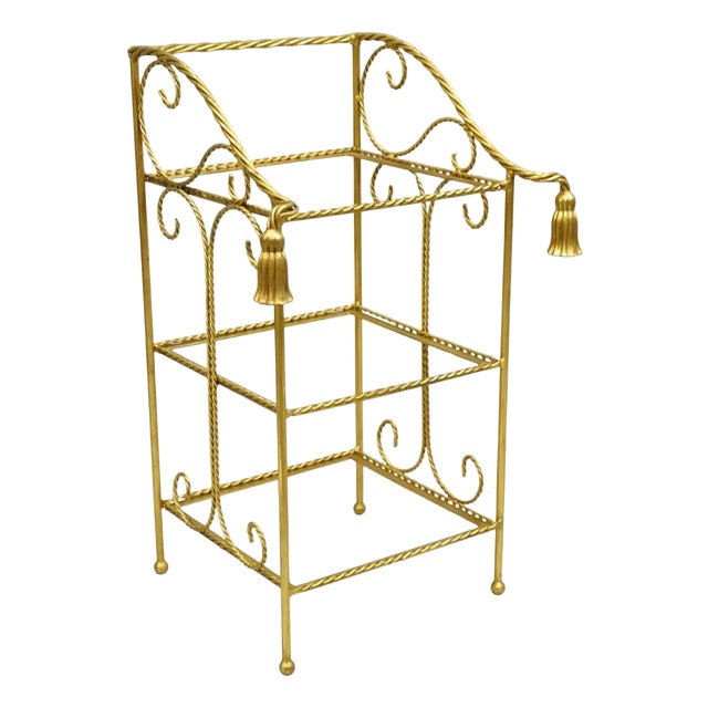 Mid 20th Century Italian Hollywood Regency Gold Gilt Iron Tassel 3 Tier Etagere Towel Rack Stand For Sale