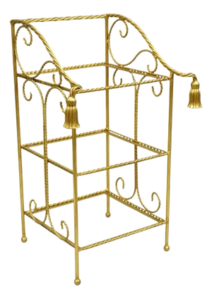 Mid 20th Century Italian Hollywood Regency Gold Gilt Iron Tassel 3 Tier Etagere Towel Rack Stand