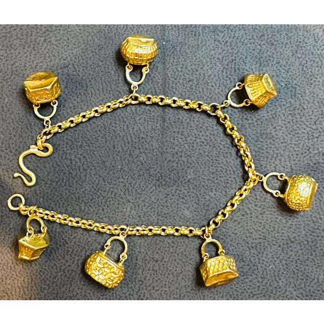 24 Karat Yellow Pure Gold 15.5 Gm Charm Bracelet with 7 Basket Charms For Sale - Image 12 of 18