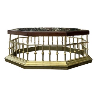 Vintage Solid Brass & Wood Octagonal Coffee Table With Thick Glass Top | Hollywood Regency Cocktail Table For Sale
