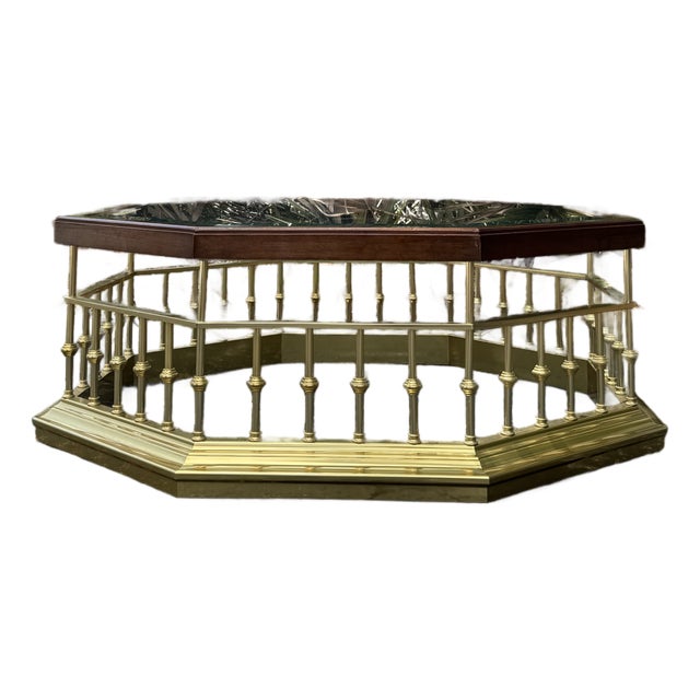 Vintage Solid Brass & Wood Octagonal Coffee Table With Thick Glass Top | Hollywood Regency Cocktail Table For Sale