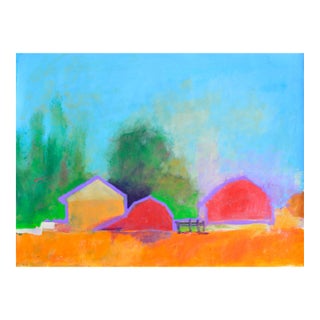 Bright Country Barns - Abstracted Modern Farm Landscape in Acrylic on Paper by Michael William Eggleston For Sale
