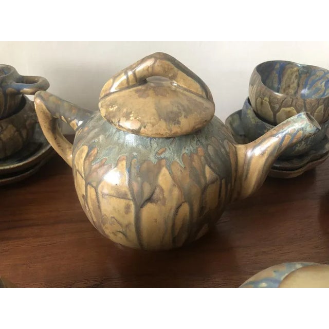 Ceramic Art Nouveau Blue Running Glaze Tea Service, Set of 9 For Sale - Image 7 of 8