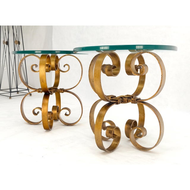 Pair Italian Think 3/4" Glass Top Gold Gilt Scrolls Shape Bases End Tables Stand For Sale - Image 10 of 12